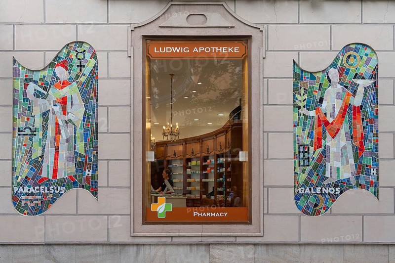 Modern mosaic pictures of Paracelsus and Galenos, on the facade of a pharmacy, Bad Kissingen, Lower Franconia Bavaria, Germany, Europe