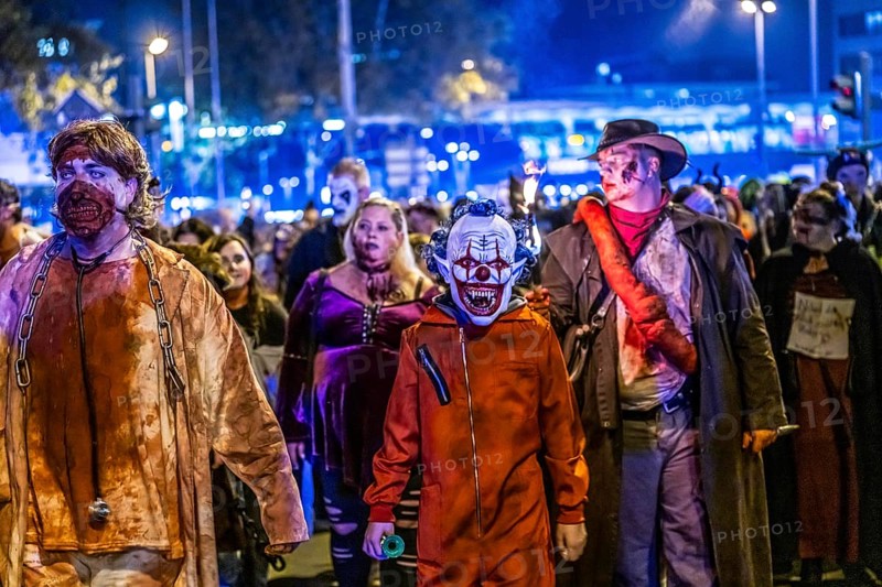 The Zombiewalk in Essen, on Halloween several hundred people, some dressed as scary zombies, undead, walked from the main railway station to the district of Rüttenscheid, North Rhine-Westphalia, Germany, Europe