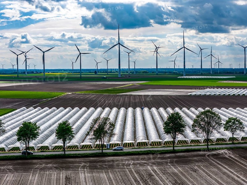Agriculture, large areas with foil tunnel, for the cultivation of strawberries, freshly cultivated fields, wind farm, south of Lövenich, belongs to Erkelenz, in the district of Heinsberg
