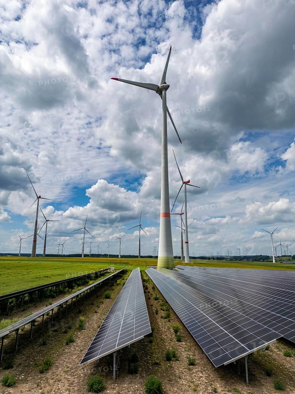 Wind farm near Marsberg, photovoltaic system, utilisation of land for renewable energies, Hochsauerlandkreis, North Rhine-Westphalia, Germany, Europe