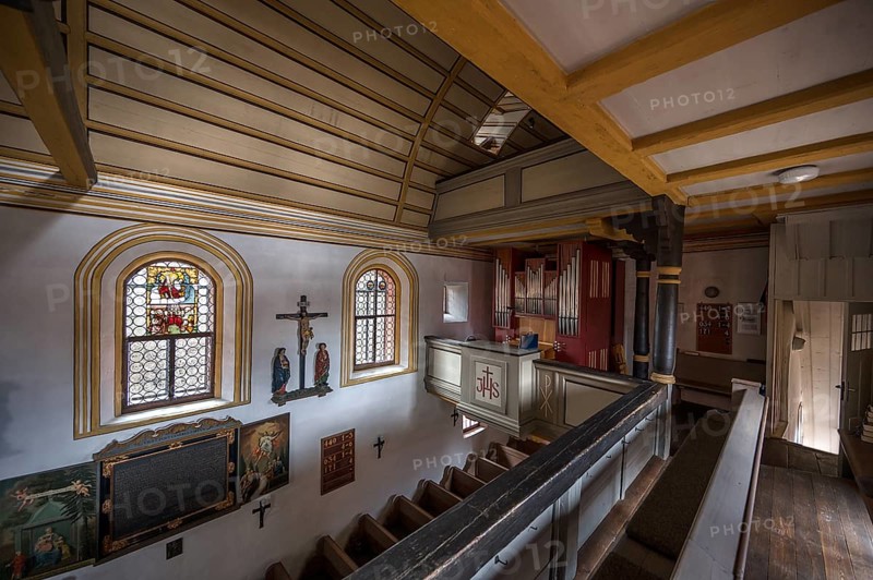 Gallery with organ in the baroque church of St Veit, built in 1464, Altenthann, Middle Franconia, Bavaria, Germany, Europe