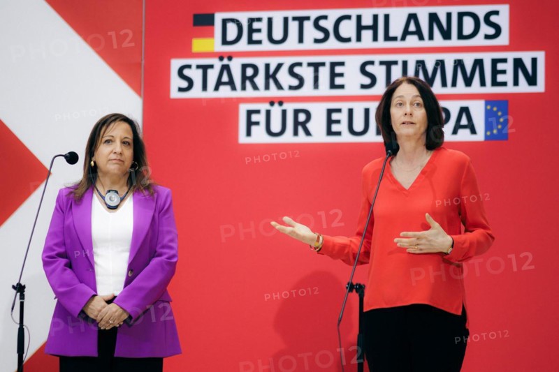 Iratxe Garcv?a Pv©rez, Chair of the S&D Group in the European Parliament, and Katarina Barley, Member of the European Parliament, together at a press conference at the Willy Brandt House during a presidium meeting in Berlin, 8 April 2024