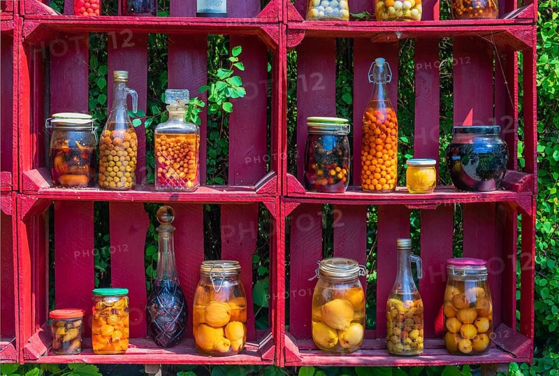 A red wooden shelf with jars and bottles full of pickled fruits and vegetables at the Hortulus gardens (Ogrody Termatyczne Hortulus)in Dobrzyca, Poland, Europe