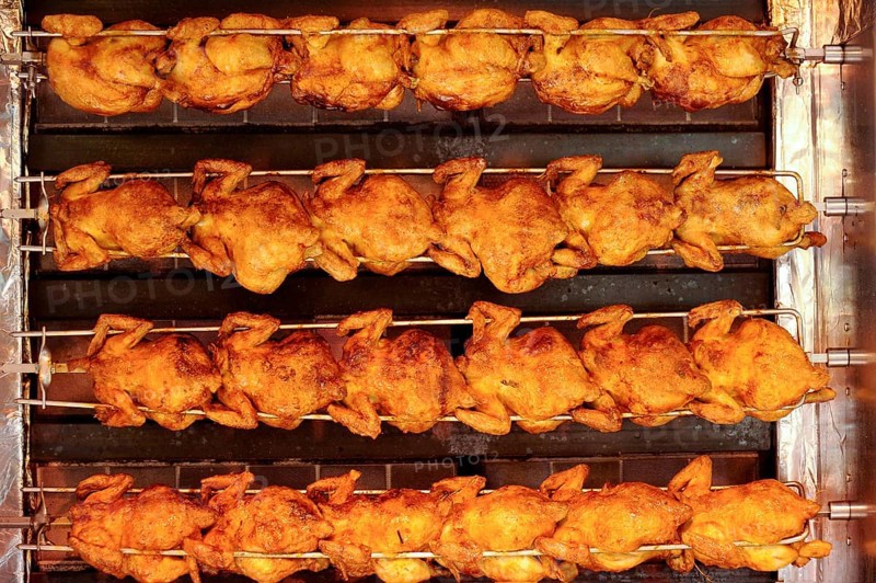 Chicken, grilled chicken, chicken on the barbecue in the beer tent, Oktoberfest, Wies'n, Wiesn, Munich, Upper Bavaria, Bavaria, Germany, Europe