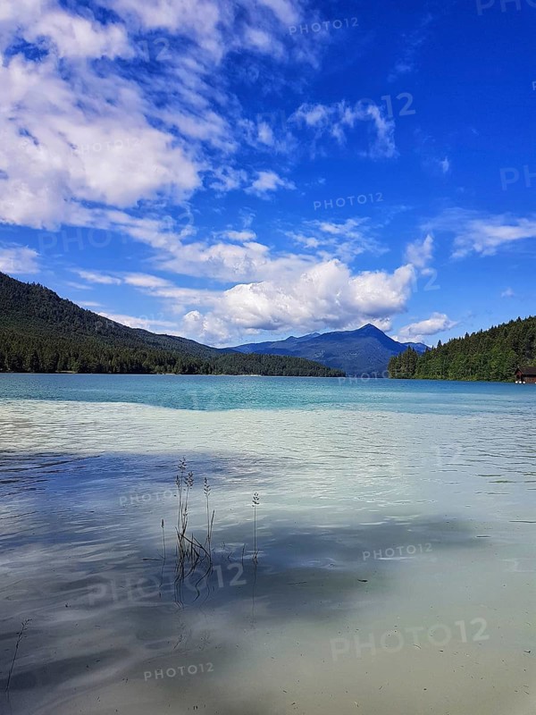 A clear lake with calm, blue water surrounded by mountains under a cloudy sky, Walchensee, Kochel am See, Bavaria Germany