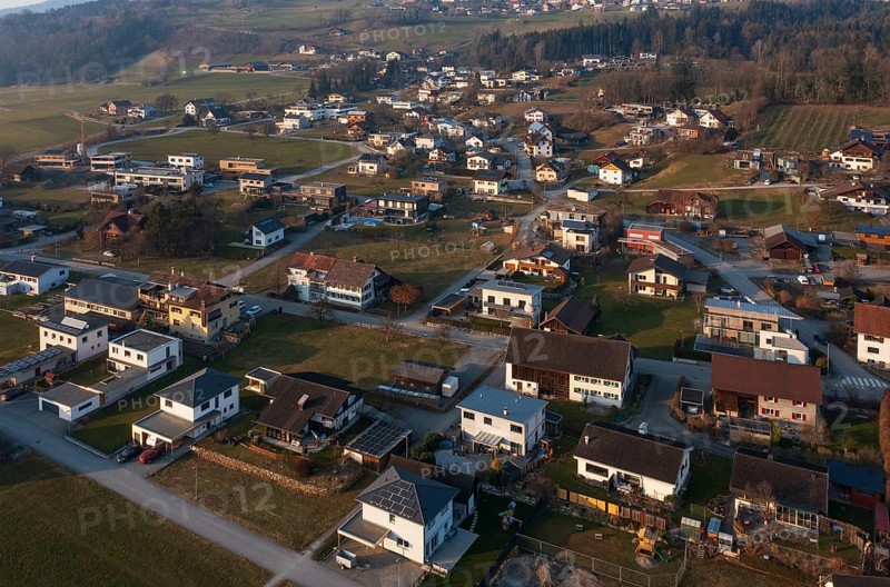 Drone image, residential buildings, residential area, Schlins, Walgau, Vorarlberg, Austria, Europe