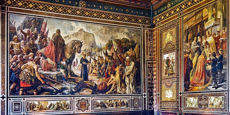 Cycle of wall paintings in the Kaisersaal Goslar in the spirit of Borussian historiography by Hermann Wislicenus, Lower Saxony, Germany, Europe