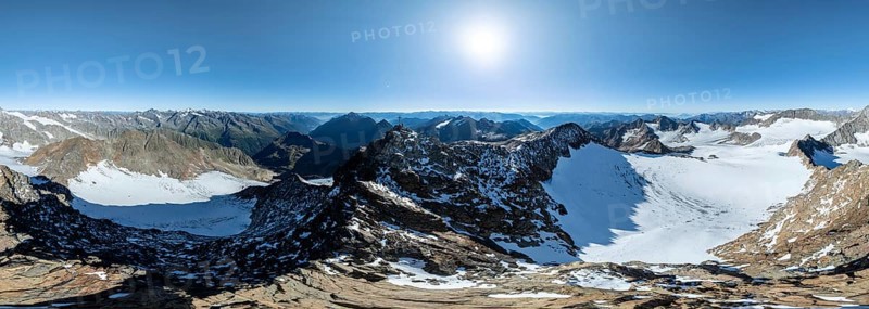 Panorama at the summit of the Wilder Freiger with glacier Übeltalferner and Wilder Freiger Ferner, picturesque mountain landscape, aerial view, Stubai Alps, South Tyrol, Italy, Europe