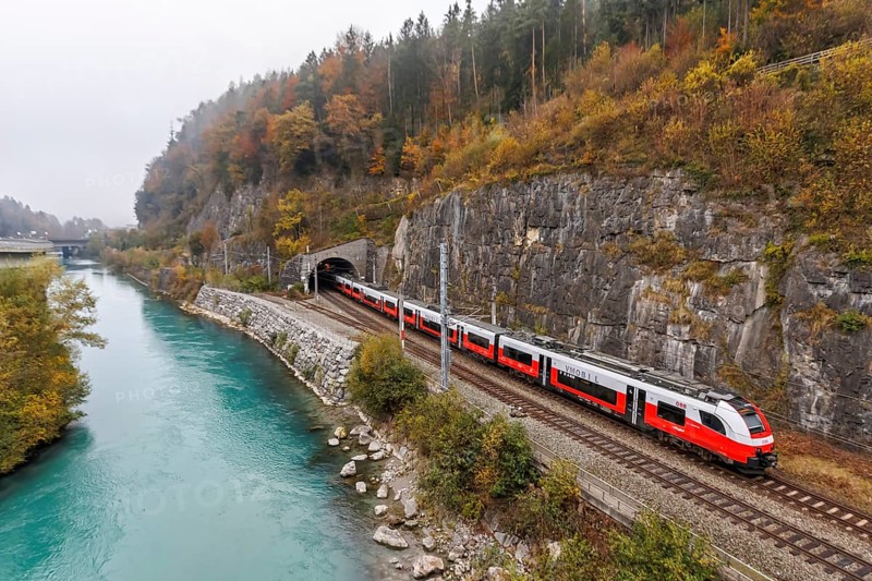 FTrain of the S-Bahn Vorarlberg of the Austrian Federal Railways ÖBB Eisenbahn Nahverkehr in autumn in Feldkirch, Austria, Europe