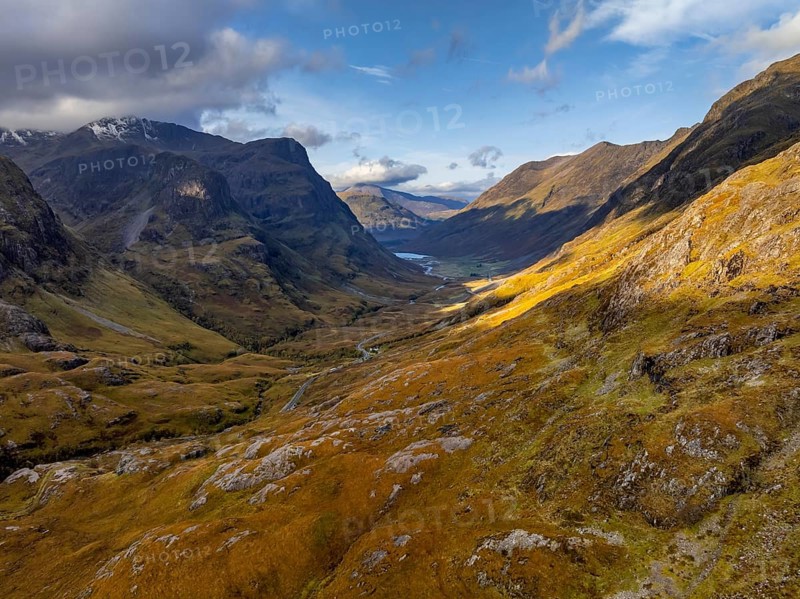 Cloudy mood, morning light, road, valley, mountains, aerial view, autumn, Glencoe, Three Sisters, Scottish Highlands, Scotland, Great Britain