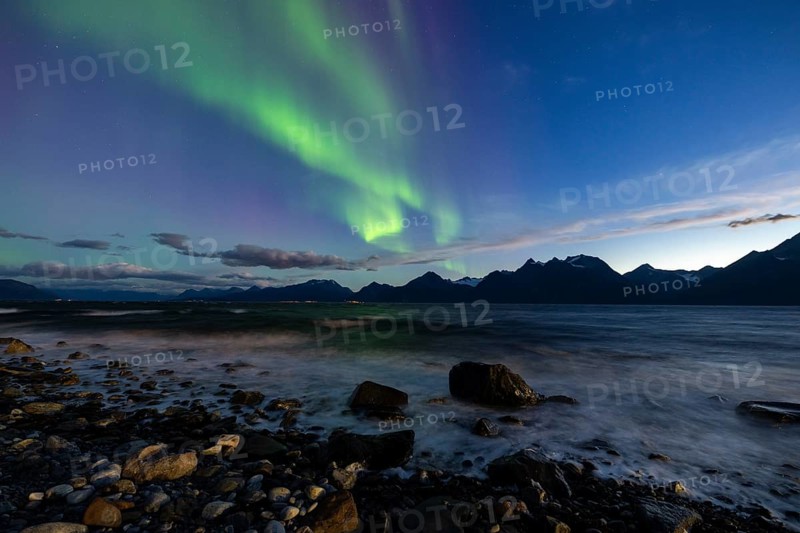 Northern Lights at Lyngenfjord, Lyngen Alps, Lyngen, Troms og Finnmark, Norway, Europe