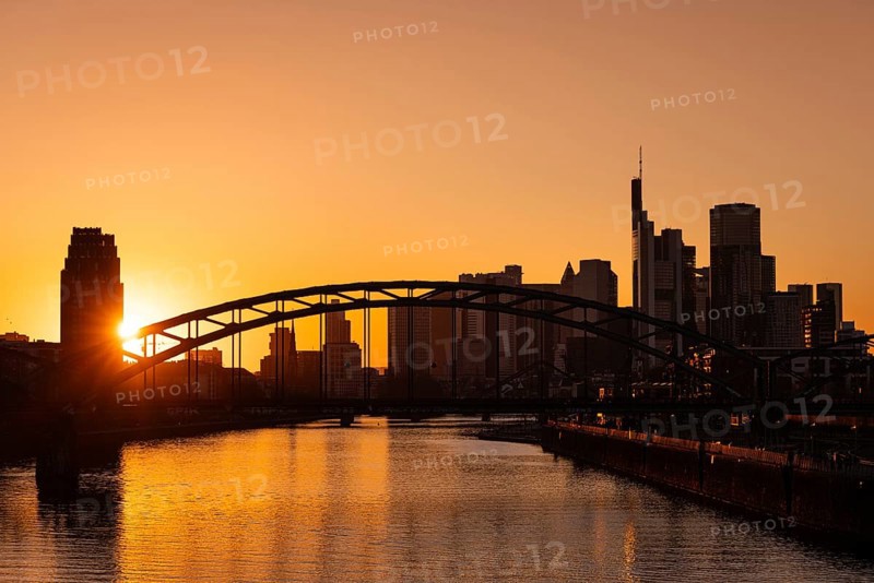 Sunset behind the Frankfurt banking skyline, Osthafen, Frankfurt am Main, Hesse, Germany, Europe