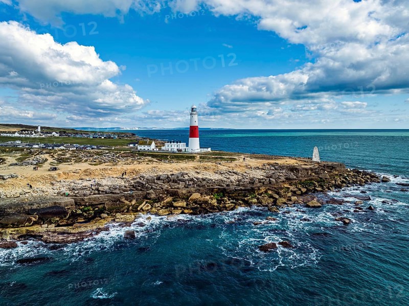 Portland Bill Lighthouse from a drone, Portland Bill, Isle of Portland, Dorset, England, United Kingdom, Europe