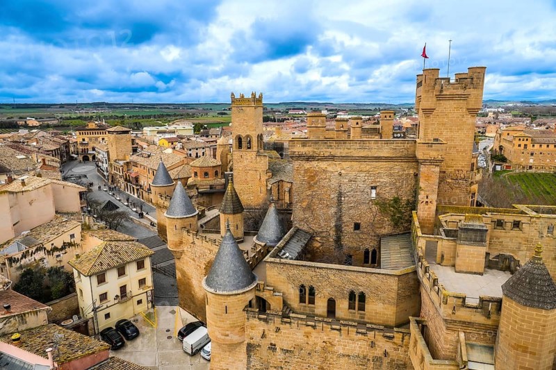 Aerial view of the medieval royal palace of olite with its impressive towers and walls, dominating the old town of olite in navarre, spain