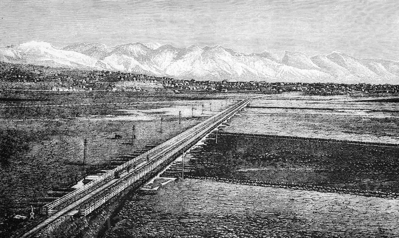 The city of Zion, city of the Mormons, on the Great Salt Lake with the snow-covered mountain landscape of the Wasatch Mountains, railway line, travel, USA, historical illustration 18888, North America