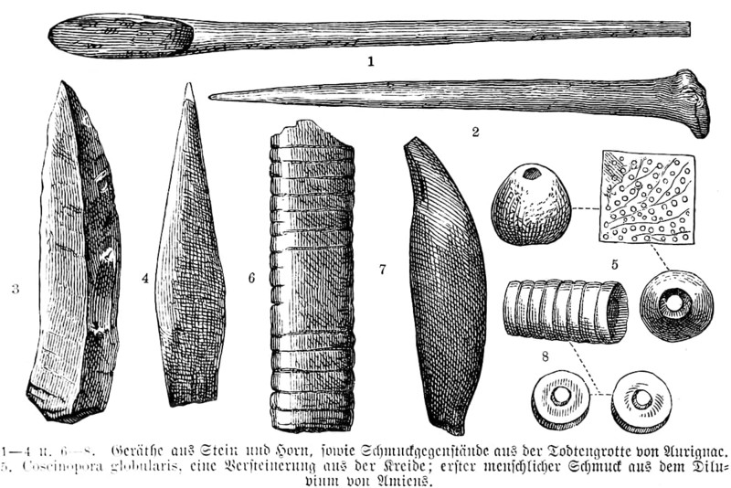 Archaeological finds from the Grotte d'Aurignac, Département Haute-Garonne, tools made of stone and animal horn, fossils from the Cretaceous period, jewellery from the Diluvium, history of mankind, France, historical illustration1880, Europe