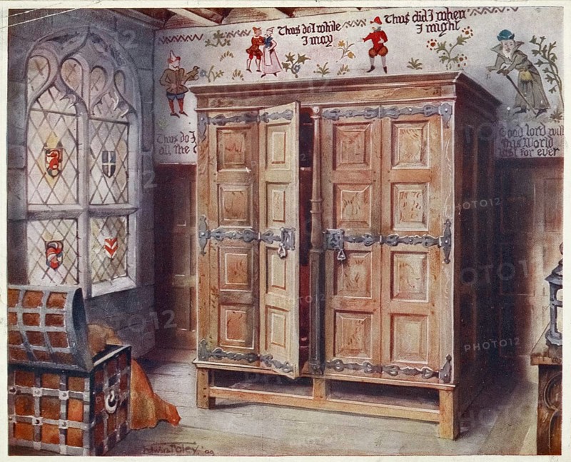 Furniture from around the turn of the century 1900, Oak press, Strangers' Hall, Norwich. Wall fresco, West Stowe, ca. 1550. (1910, 1911), Oak press, Strangers' Hall, Norwich. Wall fresco painting, ca. (1910, 1911) .jpg