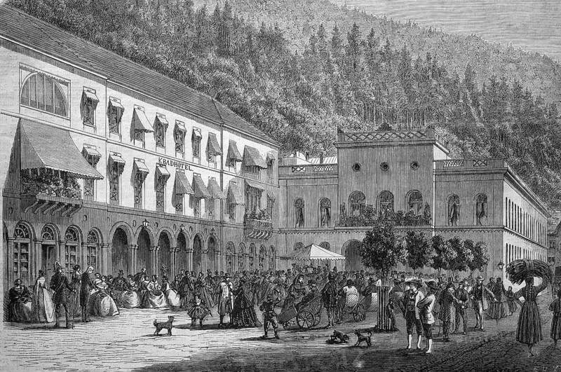 Bad Wildbad with bathhouse and bath hotel, Baden-Württemberg, Germany, in 1890, Historical, digital reproduction of an original 19th century model, Europe