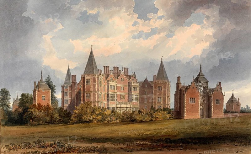 Westwood Park near Droitwich, Worcestershire, seat of Sir John Packington Bart, England, digitally restored reproduction of an original by John Buckler from the 19th century, date not given, large castle with imposing towers and a cloudy sky in the background