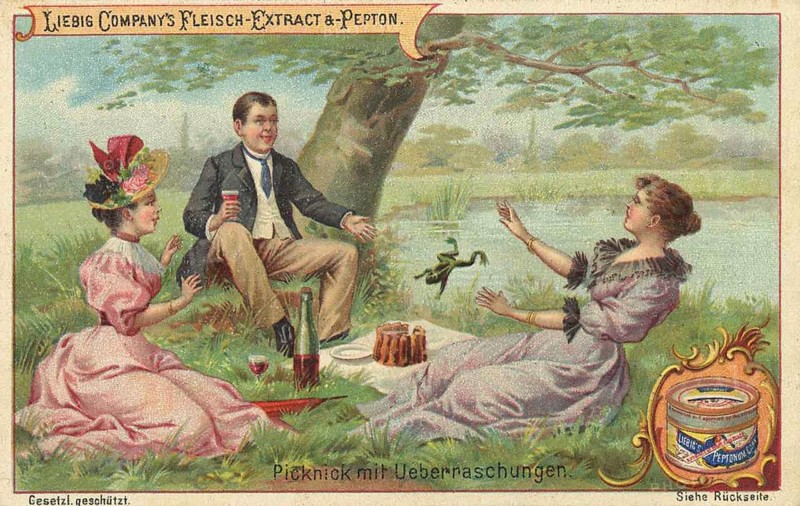 Picture series Scenes from everyday life, picnic with surprise, a frog jumps on the cake, Liebig picture, digitally restored reproduction of a collector's picture from around 1900, public domain, exact date unknown, three people having a picnic next to a river, relaxed atmosphere