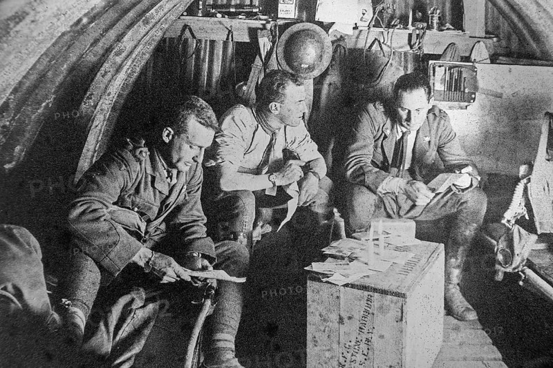 Australian officers of 105th Howitzer battery in WW1 dugout Elephant shelter on Hill 60 during Battle of Passchendaele in 1917, West Flanders, Belgium, Europe