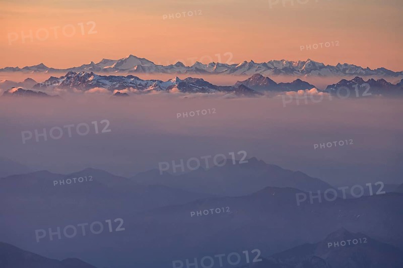 Morning haze and fog over mountain ranges, morning light, summer, Ammergebirge, Tyrolean Alps behind, main Alpine ridge, aerial view, Upper Bavaria, Germany, Europe