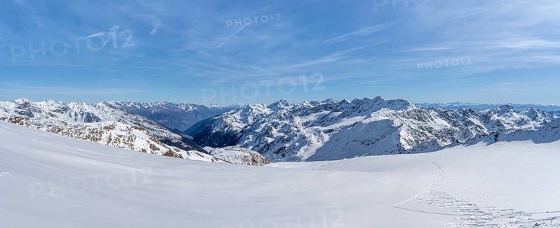 Panorama, snow-covered mountain landscape in winter, Fürkeleferner glacier, view of the Martell Valley, ascent to Monte Cevedale, Ortler Alps, Vinschgau Valley, Italy, Europe