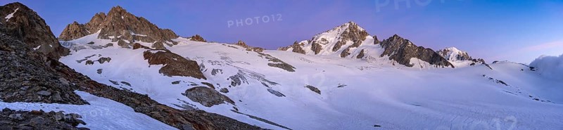 High alpine mountain landscape at sunset, Glacier du Tour, glacier and mountain peak, summit of the Aiguille de Chardonnet, Chamonix, Haute-Savoie, France, Europe
