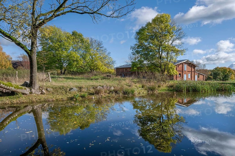 Othenstorf Estate with pond and historic pigsty, built around 1900, Othenstorf, Mecklenburg-Vorpommern, Germany, Europe