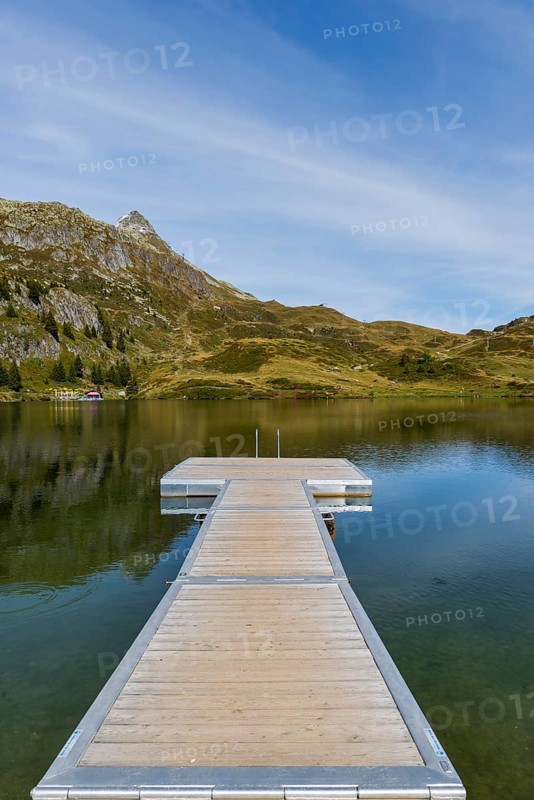 Bettmersee, mountain lake, alpine lake, footbridge, bathing jetty, wooden platform, bathing, summer, nobody, tranquillity, tourism, wellness, Bettmeralp, Aletsch Arena, Valais, Switzerland, Europe