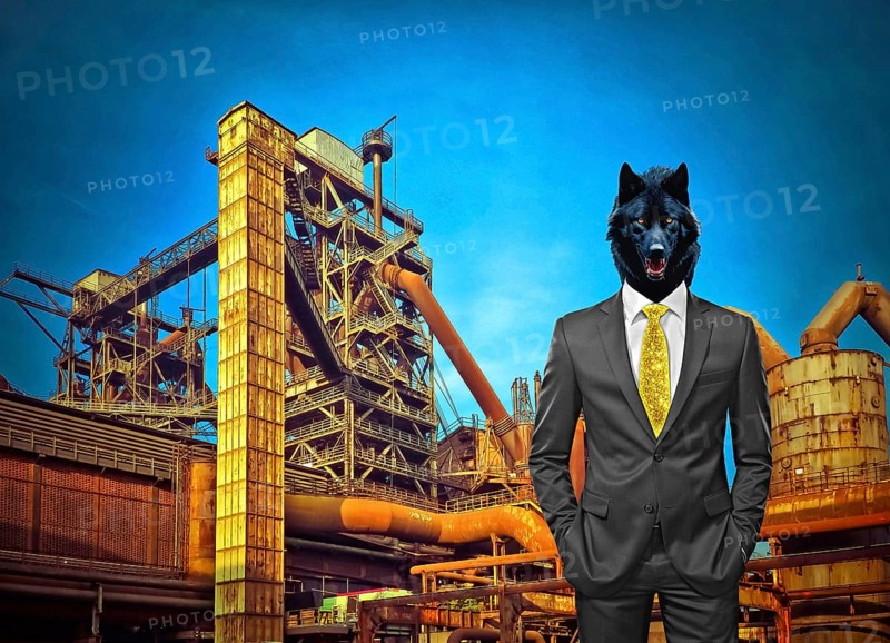 Symbolic image, wolf in a suit, industry, economy critical, exploitation, stress, trade union, pay, wage increase, insolvency, wrong decisions, unemployment, profit, profit slump, share prices, Germany as a business location, global economy, globalisation, environmental protection