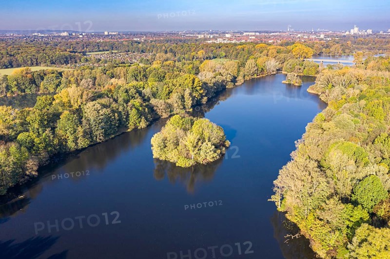 Drone shot of lake Ricklinger teich, south of Hannover city, Germany, Europe