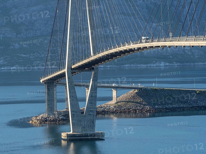 Helgeland bridge, connecting Sandnessjøen with the norwegian mainland, camper van on bridge, Norway, Europe