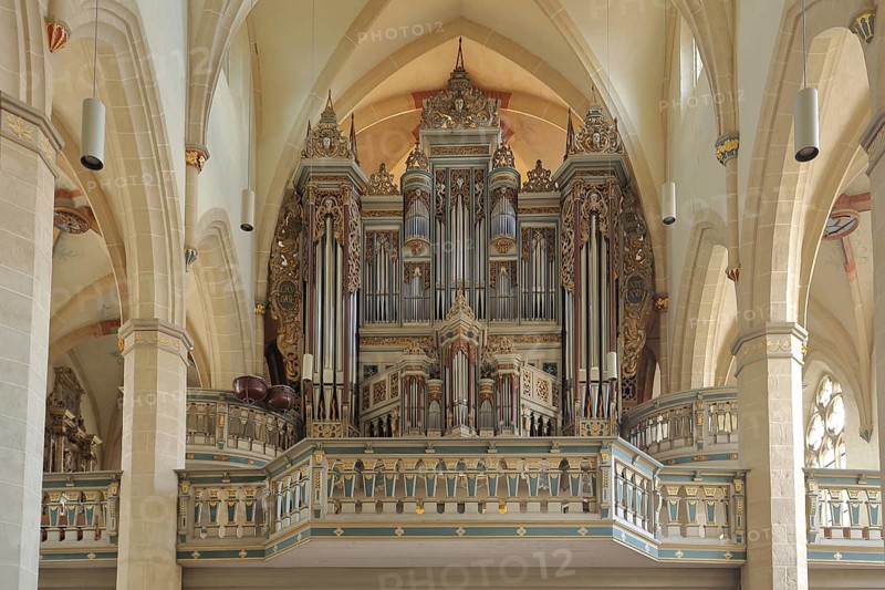 Organ of the Gothic Predigerkirche, interior view, gallery, Erfurt, Thuringia, Germany, Europe