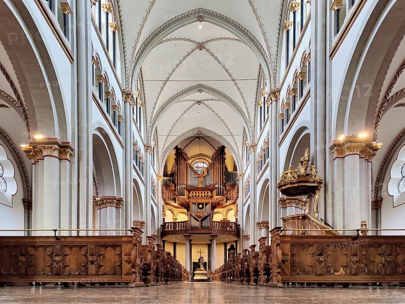 Interior view of Bonn Minster, nave with pulpit and Klais organ in the west apse, Bonn, North Rhine-Westphalia, Germany, Europe