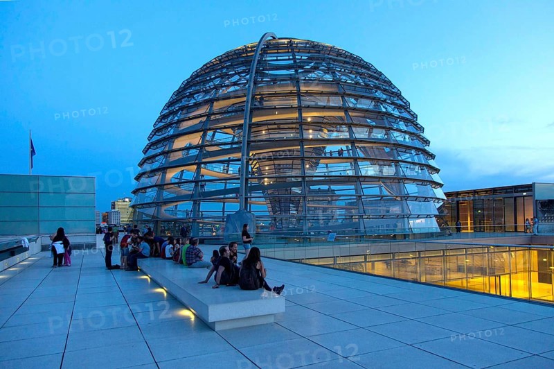 Visitors on the roof of the Reichstag, view of the Reichstag dome, Berlin, 21 May 2014