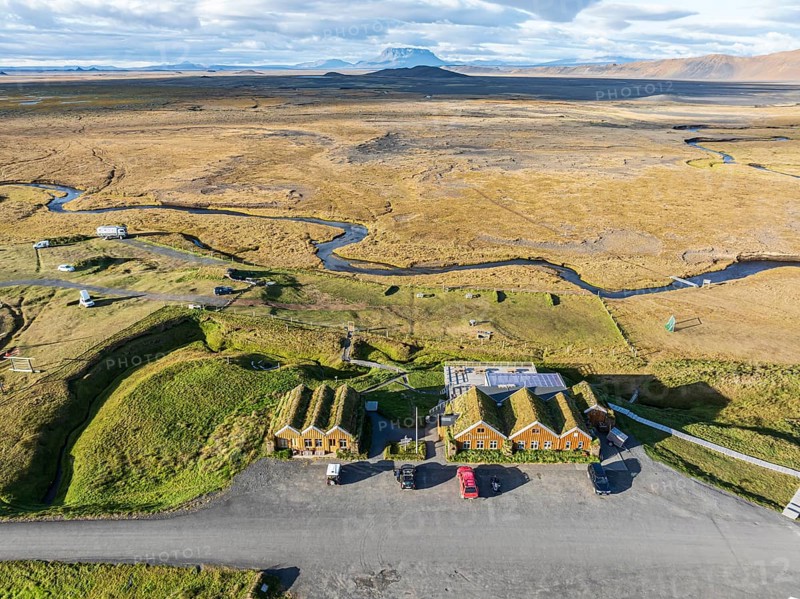 Mödrudalur farm and guesthouse northwest of Egilsstadir, aerial view of church, restaurant and campsite, Iceland, Europe