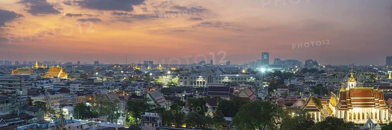Panorama from Golden Mount to the illuminated Wat Ratchabophit, Wat Rachapradit, Wat Pho, Wat Arun, Wat Ratchanatdaram Worawihan and the skyline of Bangkok, Thailand, Asia