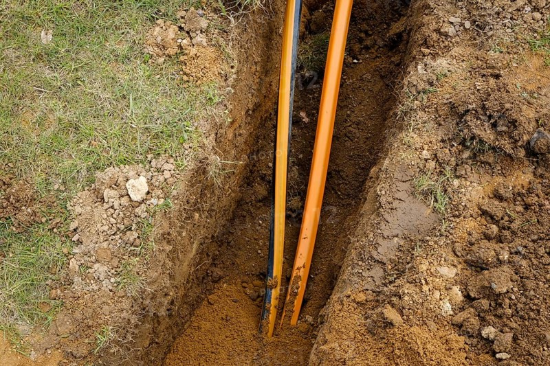 Rheinbach, North Rhine-Westphalia, Germany - Internet broadband expansion, construction site for laying fibre optic cable, new construction of fibre optic routes on behalf of Telekom, fast Internet, DSL cable connection for households