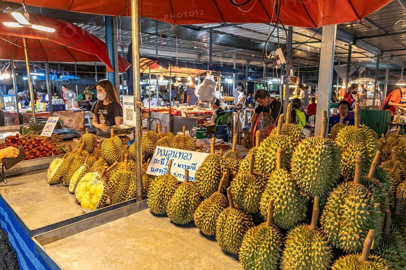 Durian fruit stall at the night market in Trat, Thailand, Asia