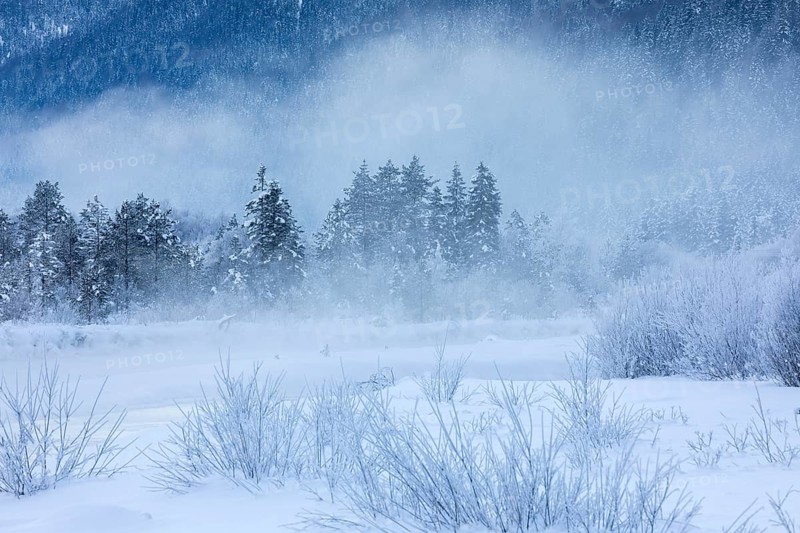Isar valley in winter at temperatures of minus 18 degrees Celsius. Snow covered landscape with the Isar river flowing through. Some hoar frosted trees. Early morning at sunrise