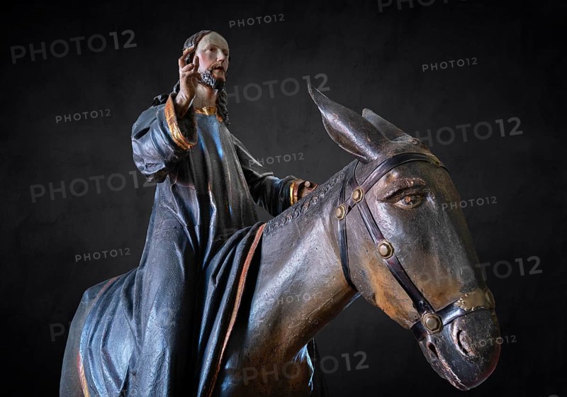 Christ on the palm donkey, detail on dark background, wooden figure from around 1880, Dominican convent in Wettenhausen, Swabia, Bavaria, Germany, Europe