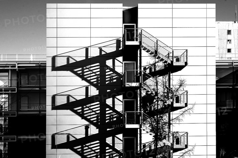 External staircases with shadows cast by a modern office building, Erlangen, Middle Franconia, Bavaria, Germany, Europe