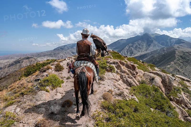 Traditional Kyrgyz eagle hunter, near Kysyl-Suu, Kyrgyzstan, Asia