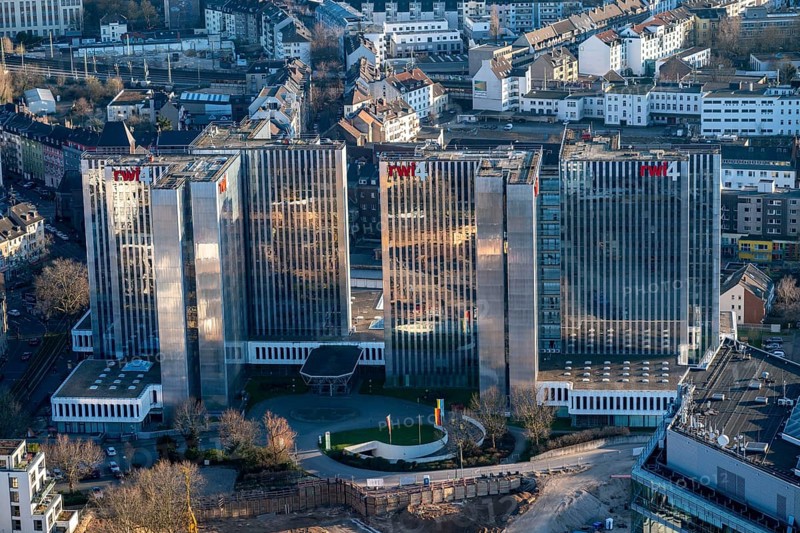 View over the city centre of Düsseldorf, RWI4 building complex, North Rhine-Westphalia, Germany, Europe