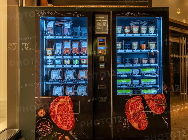 Barbecue food vending machine, food vending machines, fresh eggs, meat, sausages, sauces, various food for barbecuing, Wildekiste, egg crate, in Münster, North Rhine-Westphalia, Germany, Europe