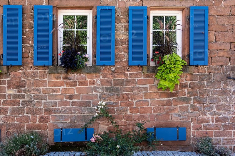 Rustic house façade with windows, blue shutters and flowering plants, Weyher, Southern Palatinate, Palatinate, Rhineland-Palatinate, Germany, Europe