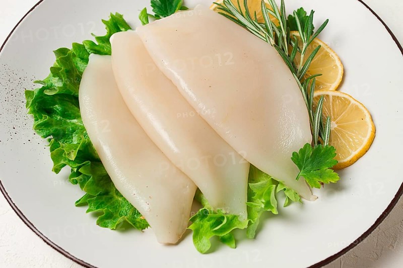 Frischer Körper, Tintenfisch, roh, drei Karkassen, Draufsicht, ohne Personen, auf einem Teller
