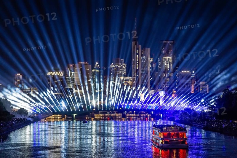 A spectacular light show at the Flößerbrücke in Frankfurt am Main puts spectators in the mood for the start of the 2024 European Football Championship, which will take place from 14 June to 14 July 2024, Frankfurt am Main, Hesse, Germany, Europe