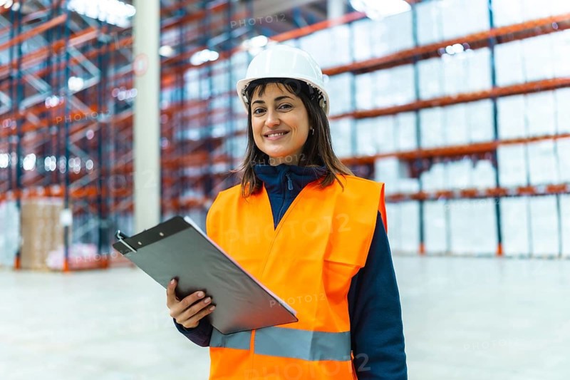 Warehouse worker wearing safety vest and helmet smiling and holding clipboard in logistics center